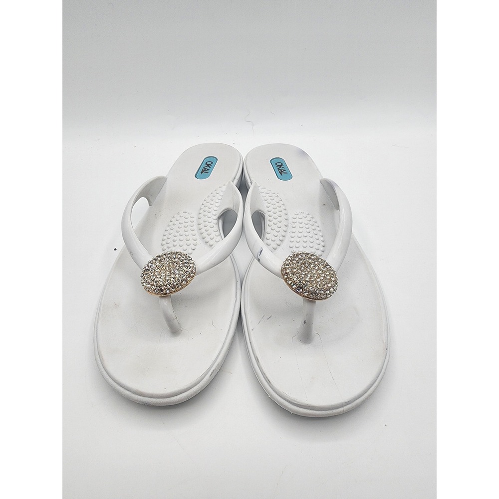 Oka-B White Rhinestone Embellished Thong Flip Flop Sandals Size M